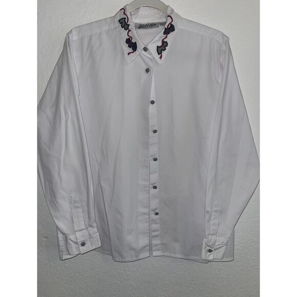 VTG Yves St. Clair Dog Print Button-Up Blouse White Collar Size 14 Vintage - Picture 1 of 6